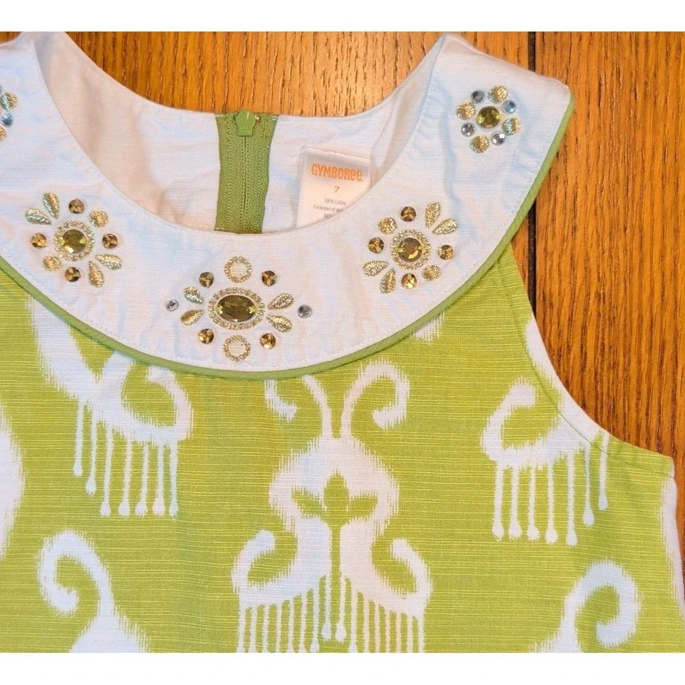 Gymboree Girls Aztec Print Green Dress Batik Summer Size 6  100% Cotton Jewels